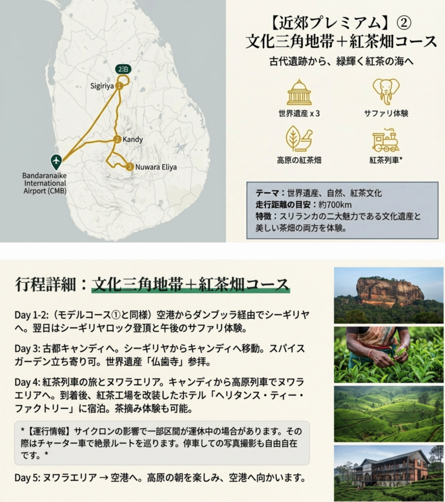 文化三角地帯+茶畑(世界遺産3つ+サファリ+バワホテルorアーユルヴェーダ+茶畑)