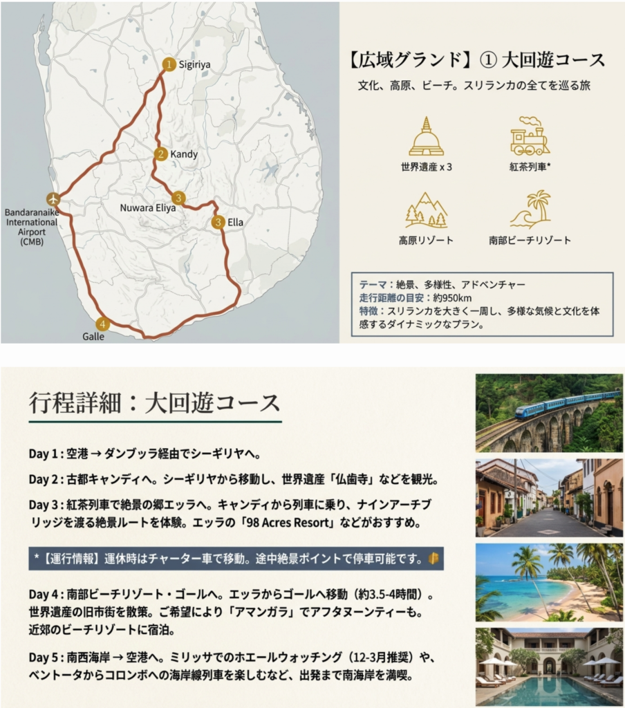 モデルコース①:大回遊コース(世界遺産3+茶畑+ビーチリゾート)