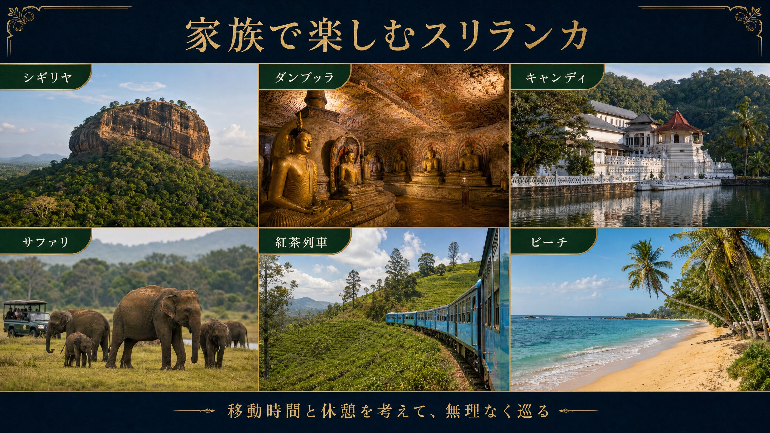 スリランカ家族旅行で楽しめるシギリヤ、ダンブッラ、キャンディ、サファリ、紅茶列車、ビーチのコラージュ