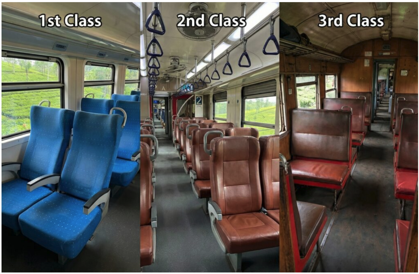 スリランカ鉄道の1等、2等、3等車両の座席を比較した写真