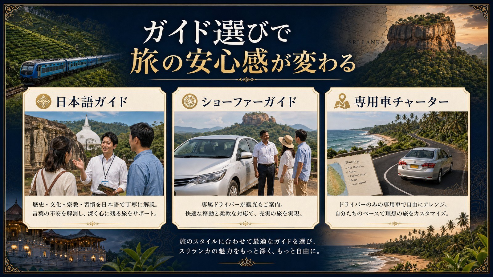 スリランカの日本語ガイド、ショーファーガイド、専用車チャーターの違いを比較した図解