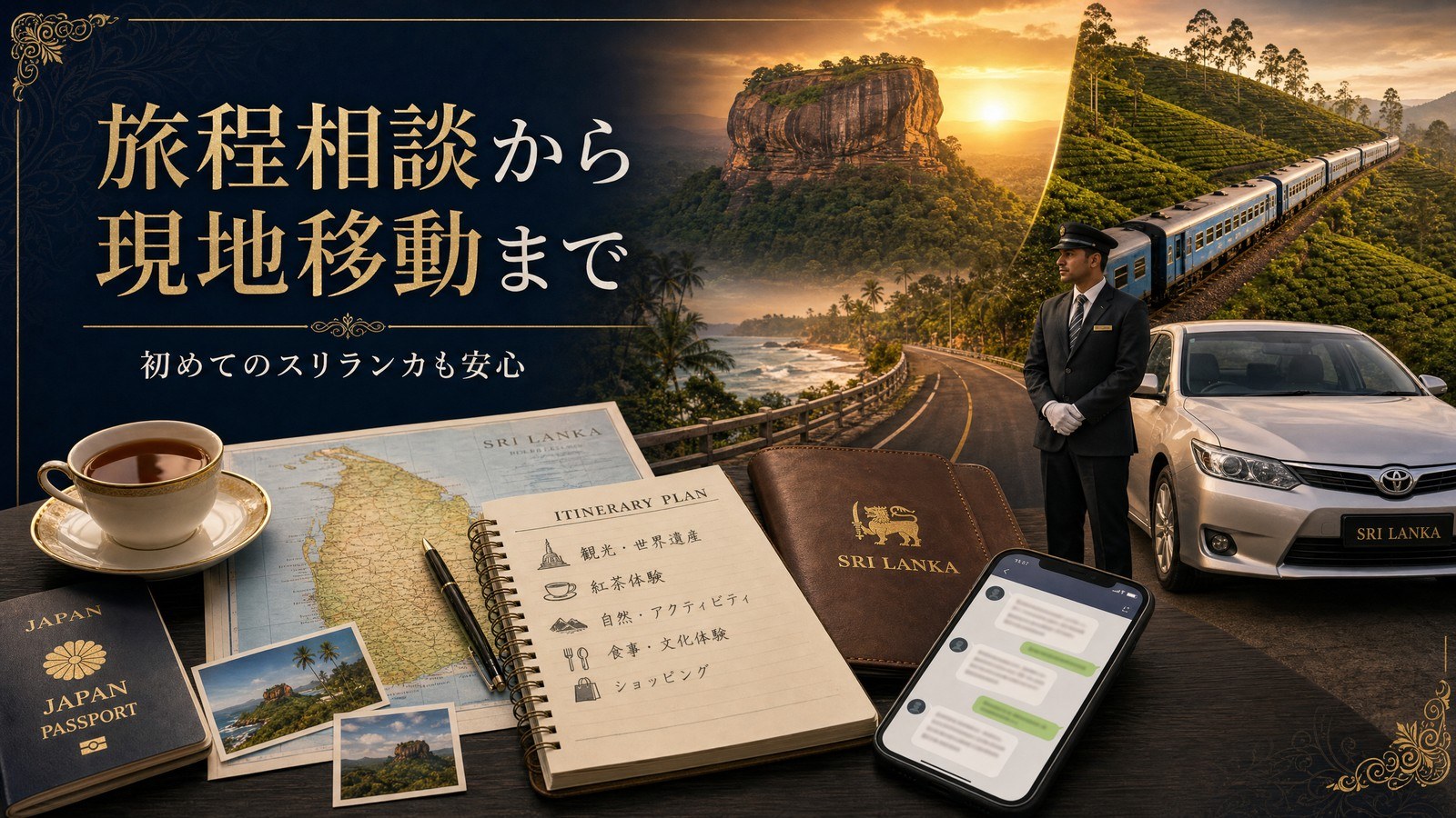 スリランカ旅行の旅程相談から現地移動までを説明するプレミアム図解