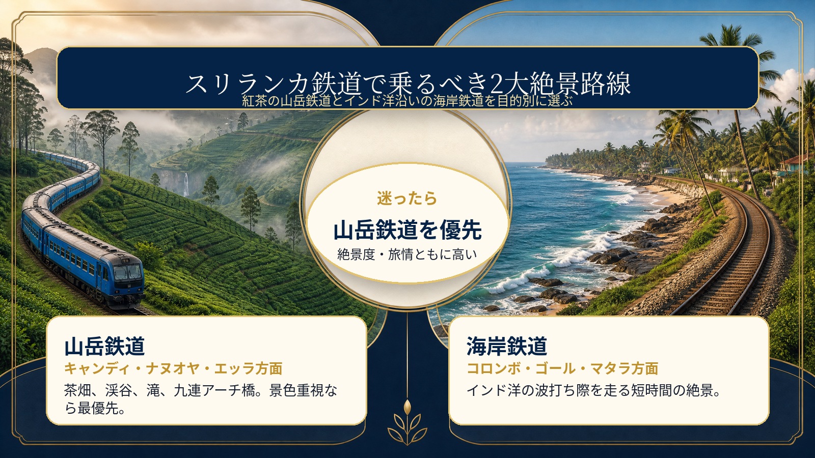 スリランカ鉄道で乗るべき山岳鉄道と海岸鉄道の比較画像