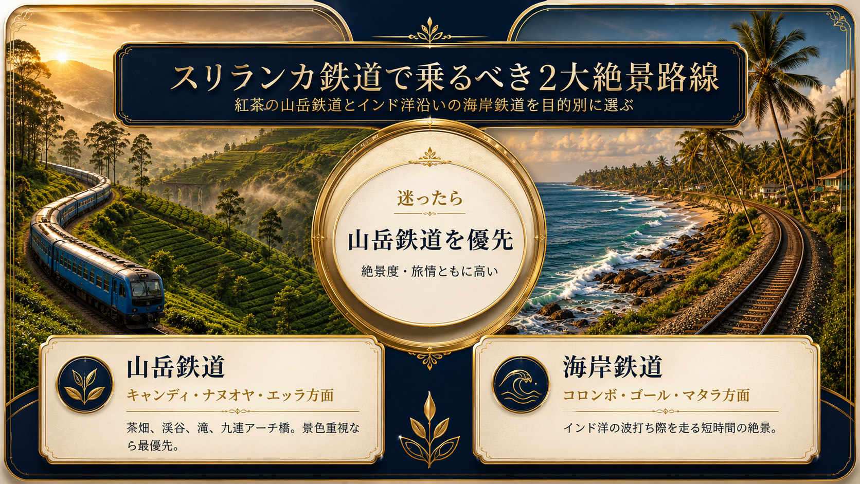 スリランカ鉄道で乗るべき山岳鉄道と海岸鉄道を比較した高級感のある案内画像