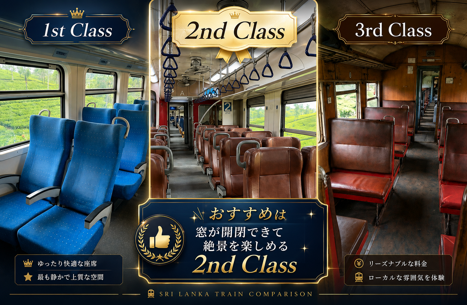 スリランカ鉄道の1等、2等、3等の座席クラスを比較し2等指定席をおすすめする画像